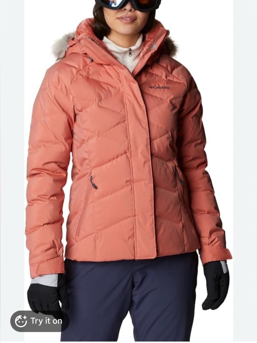 Columbia Womens Lay D Down Puffer Jacket Sz XL Hood Faux Fur Ski Winter rose